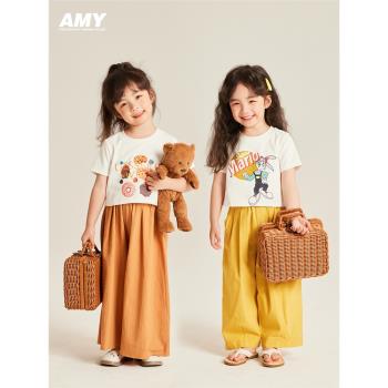 Amybaby女童T恤2023新款夏裝兒童洋氣卡通印花休閑夏款短袖上衣