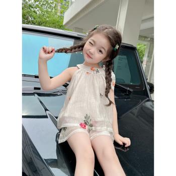 女小童刺繡短褲套裝2023兒童夏季洋氣兩件套韓版女童時髦網紅夏裝