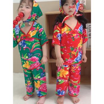 東北大花布衣服嬰兒夏兒童夏裝特色寶寶衣吊帶男女薄款棉綢兩件套