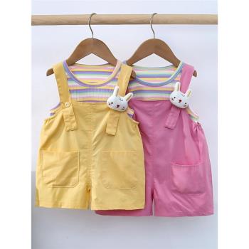 女寶寶夏裝背帶褲套裝女童夏天洋氣時髦二件套潮2023新款1-3歲半4