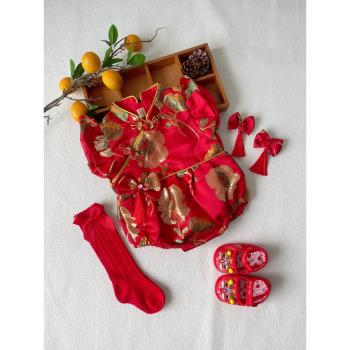 周歲女寶禮服夏季中式紅色抓周唐裝寶寶旗袍夏天包屁衣服女孩一歲