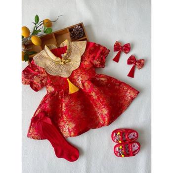 寶寶一周歲禮服女孩衣服夏季公主裙中式唐裝女寶紅色抓周旗袍夏天