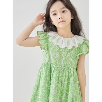 夏季2023新品女童純棉甜美超仙連衣裙花邊領綠色碎花公主裙