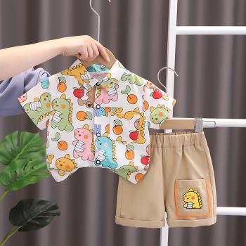 嬰兒衣服夏季男童洋氣印花襯衫短袖韓版套裝一歲男寶寶夏裝兩件套