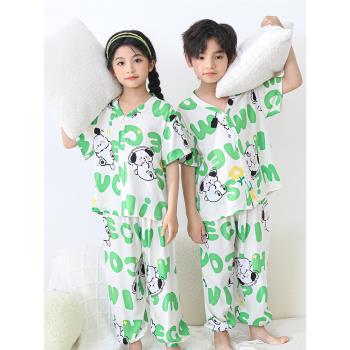 男童女童家居服睡衣短袖套裝綿綢薄款夏季空調服中小兒童寶寶休閑