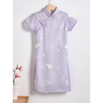 女童旗袍紫色新款夏裝短袖兒童連衣裙洋氣小女孩唐裝中國風公主裙
