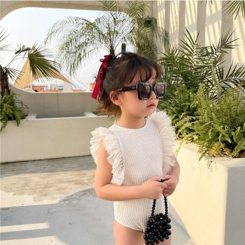 韓版可愛公主米色小飛袖兒童泳衣