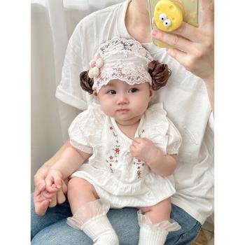 嬰兒帽子夏季薄款甜美洋氣公主小月齡女寶寶蕾絲假發發帶護囟門帽