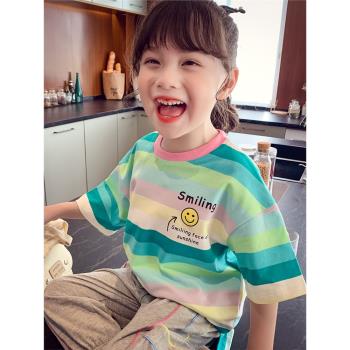 韓國女童T恤夏裝2021新款兒童洋氣撞色條紋純棉短袖上衣兒童T恤潮