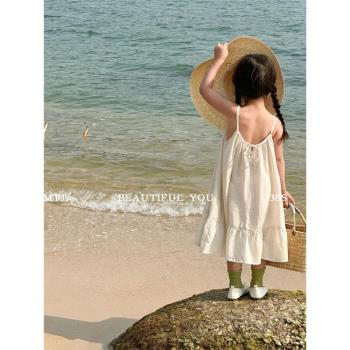 女童夏季沙灘裙吊帶連衣裙2023夏裝新款小女孩洋氣度假裙背心裙潮