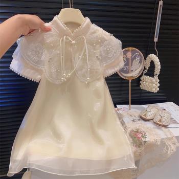 女童短袖旗袍連衣裙2023夏季新款女寶寶中國風洋氣蕾絲網紗公主裙