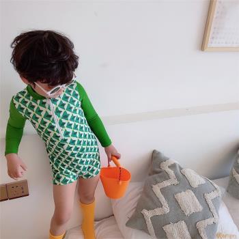 韓國韓范兒童游泳衣男童連體男孩寶寶中小童長袖防曬沖浪套裝溫泉