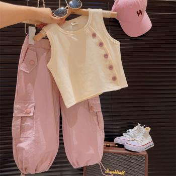 韓國童裝女童套裝2023夏季新款女孩洋氣寶寶背心T恤工裝褲兩件套