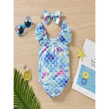 ins歐美外貿嬰幼兒女童寶寶美人魚鱗條紋連體游泳衣發箍Swimwear