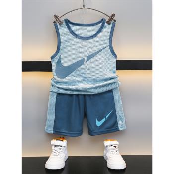 男童速干背心套裝2023新款夏季兒童網眼運動籃球服無袖訓練衣服潮
