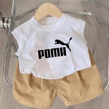 男童純棉無袖背心T恤套裝2023新款夏裝兒童寶寶薄款運動男孩坎肩