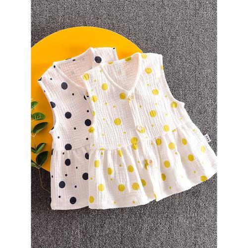 寶寶夏裝嬰兒棉麻背心女童紗布波點無袖上衣外穿洋氣小童開衫馬甲