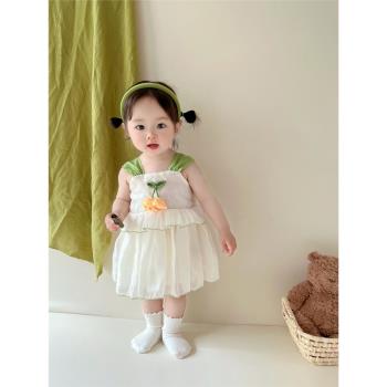 2023夏季韓版女童吊帶網紗連衣裙女寶寶可愛小花兒童背心公主裙子