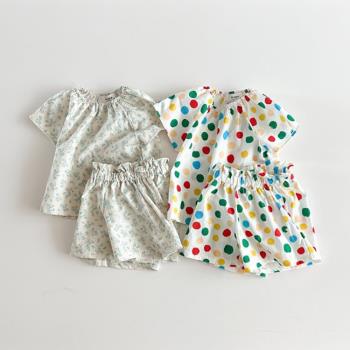 夏季韓版嬰兒短袖碎花套裝女寶寶洋氣波點T恤短褲ins女童花邊夏裝