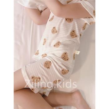 兒童家居服套裝A類竹纖維夏季薄款男女童卡通睡衣寶寶短袖褲兩件