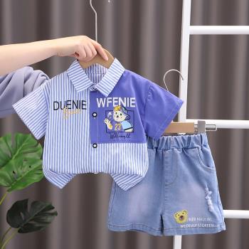 男童襯衫短袖套裝2023新款小童洋氣寶寶夏季襯衣兩件套嬰兒童裝潮