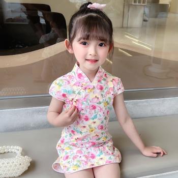 旗袍兒童夏款2024女童唐裝碎花嬰兒連衣裙寶寶復古古裝中國風裙子