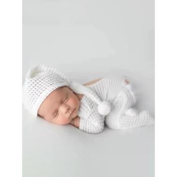 新生兒攝影服裝白色帽子連體衣影樓嬰兒拍照道具寶寶月子照相衣服