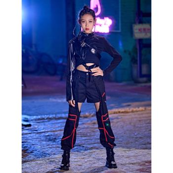 女童jazz爵士舞演出服裝兒童T臺走秀表演服露臍機能袖舞蹈服套裝