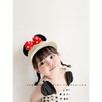 米奇公主小草帽~ins韓國寶寶帽子1歲女夏季可愛洋氣蝴蝶結鴨舌帽2