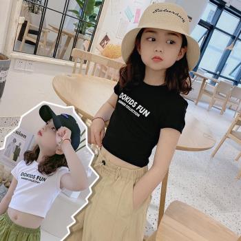 韓國女童字母印花短款上衣2023春夏季炸街中大童裝時尚露肚臍T恤