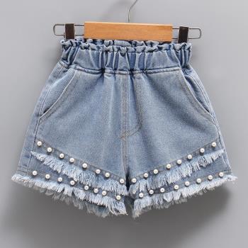 女童牛仔短褲珍珠2023新款洋氣中大兒童寶寶夏季外穿百搭薄款褲子