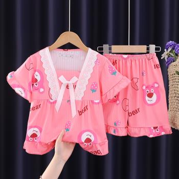 夏季兒童睡衣女寶寶短袖空調服薄款可愛公主風花邊甜美家居服套裝