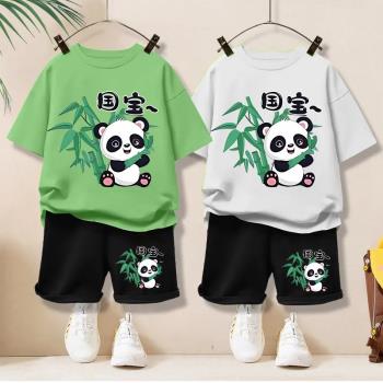兒童純棉短袖套裝夏季新款男童熊貓T恤女童薄款短褲洋氣運動套裝