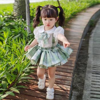 小女童jk制服套裝夏季寶寶學院風背帶裙表演服兒童夏裝蓬蓬短裙