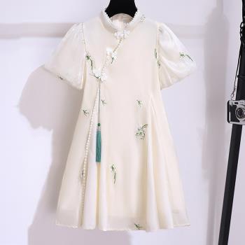 女童漢服連衣裙夏季洋氣中國風公主裙夏裝兒童裝改良珍珠旗袍裙子