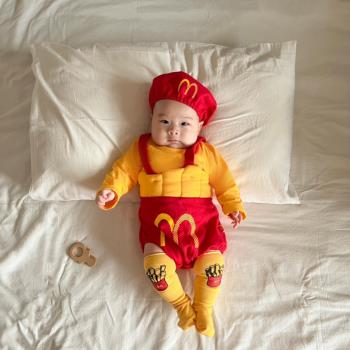 網紅麥當勞薯條嬰兒服春裝套裝寶寶連體哈衣服男女搞怪搞笑拍照相