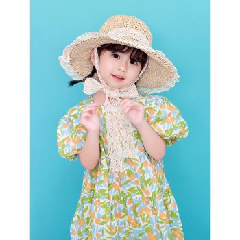 兒童帽子草帽女童夏季蕾絲公主帽遮陽帽防曬帽甜美淑女寶寶太陽帽