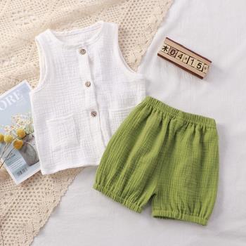 嬰兒夏季套裝無袖透氣女紗布棉兒童男寶寶背心短褲休閑兩件套薄款