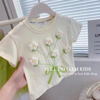 女童裝短袖夏季2023新款女寶寶純棉立體花朵T恤兒童洋氣夏裝上衣