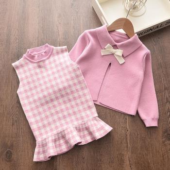 春秋女童洋氣針織衫格子連衣裙套裝小童寶寶冬季毛衣裙兩件套童裝