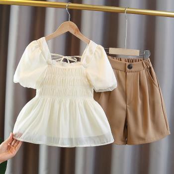 女童套裝夏季2023新款韓版中大兒童洋氣泡泡袖上衣女孩短袖兩件套