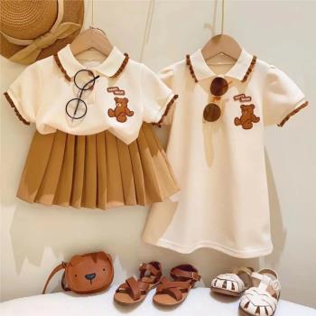 韓國童裝女寶寶連衣裙夏季2023新款時尚學院裙子T恤半身裙兩件套