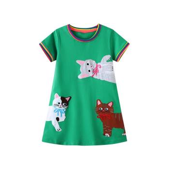 童裝卡通綠色小貓夏季外貿裙子