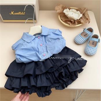 韓版童裝女童夏裝時髦洋氣套裝兒童藍色襯衫黑色花苞短褲兩件套潮