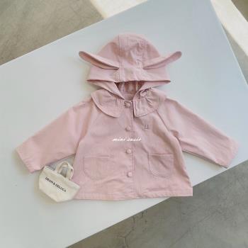90-120韓系高端童裝粉色兔耳連帽單排扣風衣外套