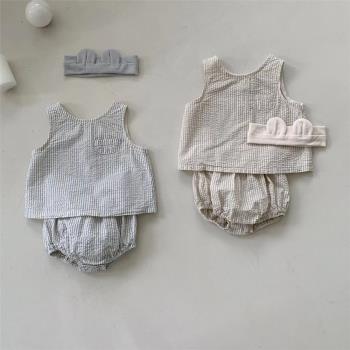夏季6個月男女童小寶寶無袖背心上衣+包屁短褲套裝嬰幼兒薄款衣服