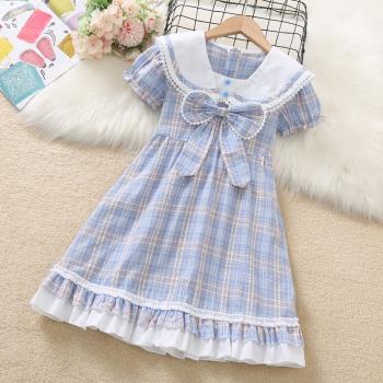 女童裙子夏裝短袖2023新款洋氣時髦兒童小女孩格子JK學院風連衣裙