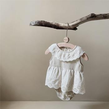 韓版夏季女寶寶蕾絲花邊領無袖包屁衣嬰兒洋氣純色哈裙爬服連衣裙