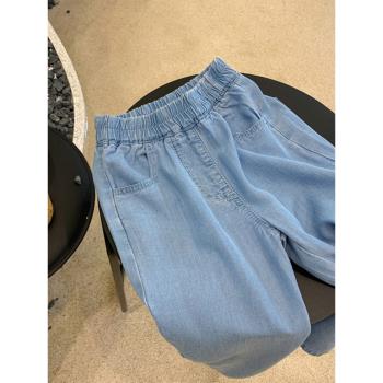 女童夏季天絲棉牛仔褲2023新款韓版褲子淺藍色闊腿褲兒童直筒長褲