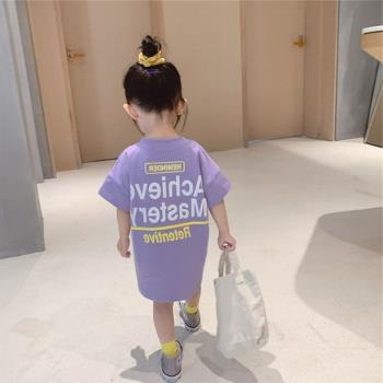 中小童純棉短袖連衣裙2023夏季女童寶寶紫色字母印花兒童T恤裙潮1